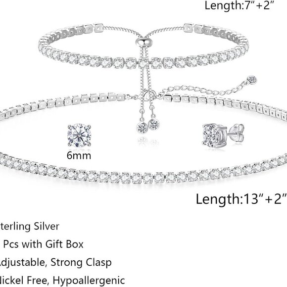 Sterling Silver Tennis Necklace Bracelet Set Dainty Hypoallergenic Jewelry for W - Picture 2 of 9